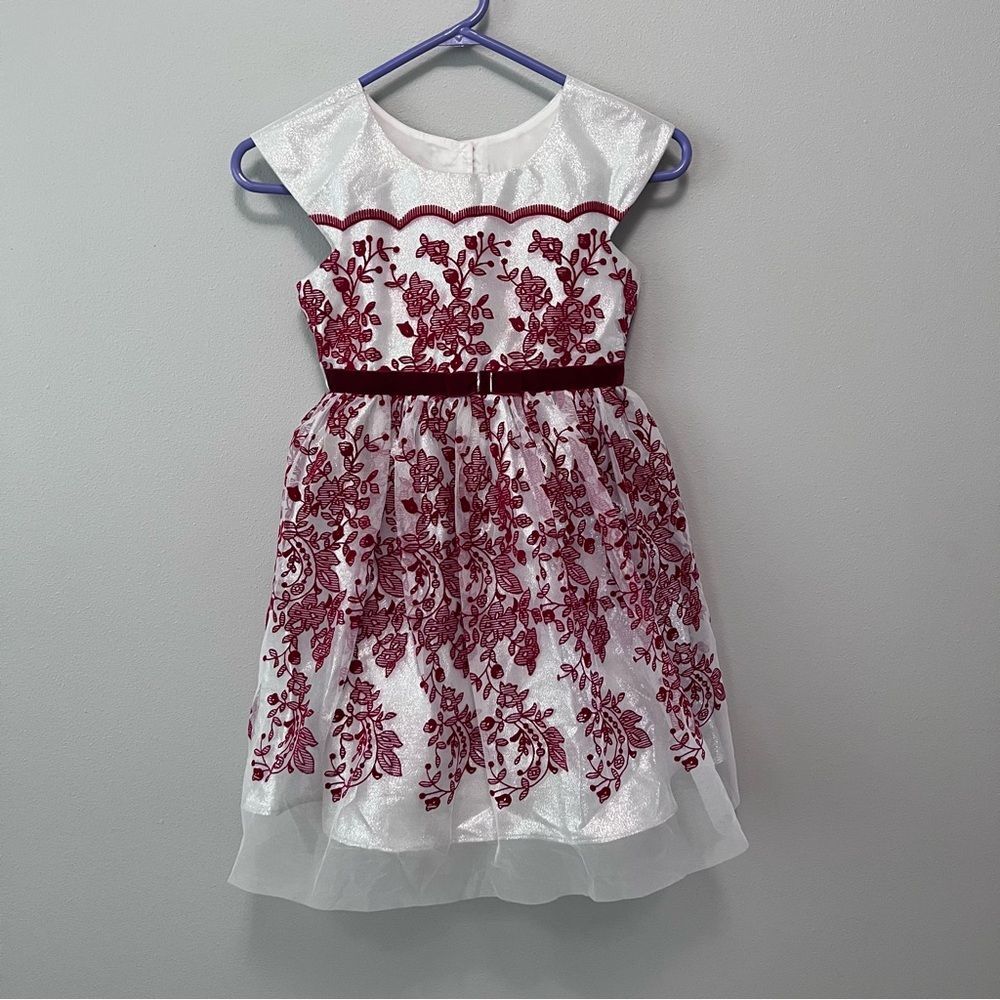 Jona Michelle White Dress with Burgundy Floral Design Size 7